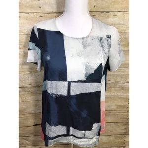 Aritzia Wilfred 100% silk keyhole short sleeve blouse abstract watercolor